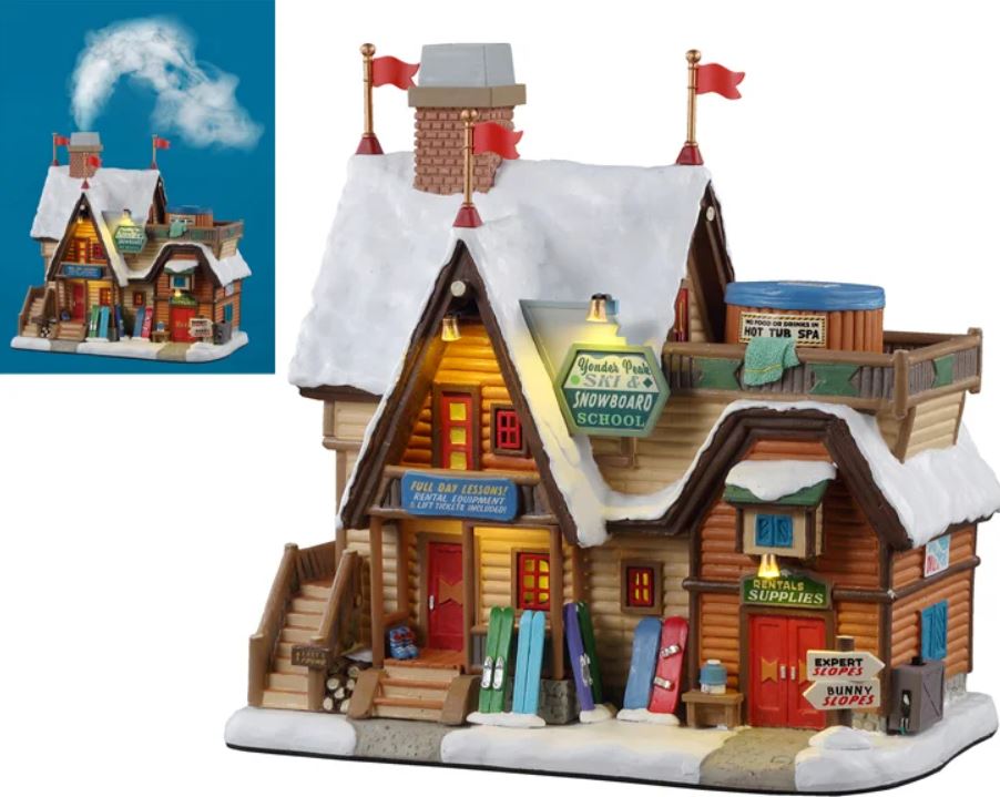 Lemax - 'Yonder Peak Ski & Snowboard School' - Verlicht gebouw met rookeffect - Inclusief adapter