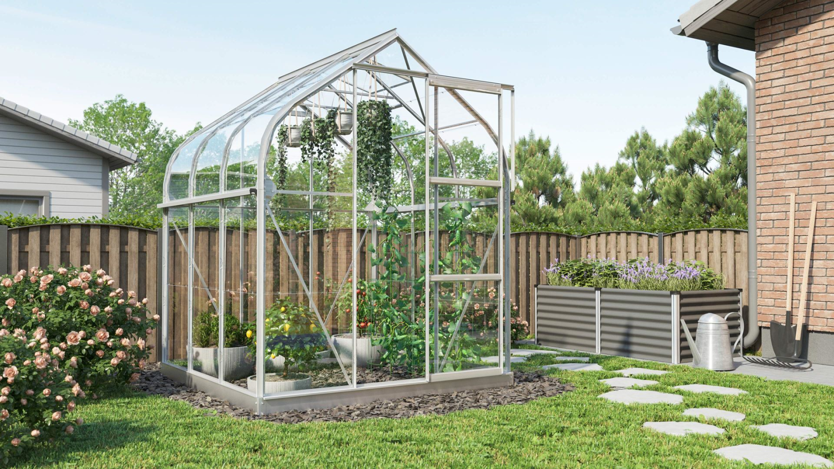 Serre Vitavia Orion 3.8m² avec verre de sécurité - Aluminium - Avec porte coulissante simple (B61 cm) et fondation