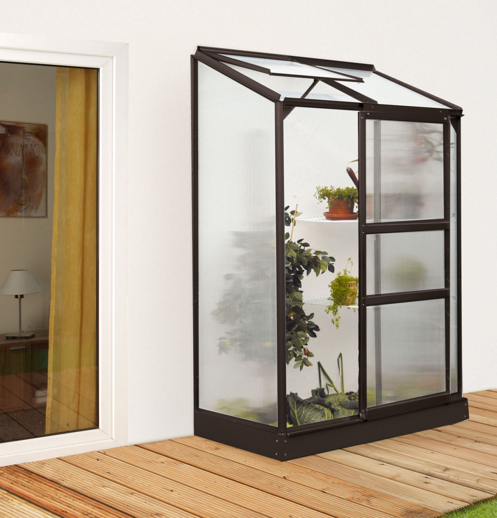 Vitavia Ida wall greenhouse 0.9m² with 4 mm polycarbonate - Black - With single sliding door (B61 cm) and foundation