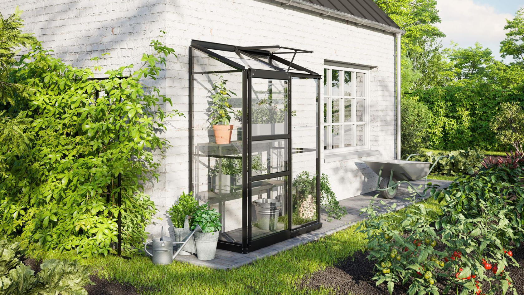 Vitavia Ida wall greenhouse 0.9m² with safety glass - Black - With single sliding door (W61 cm) and foundation