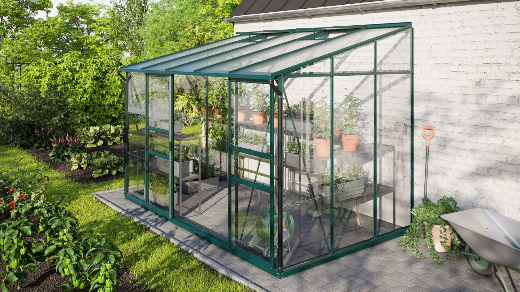 Vitavia Ida muurserre 6,5m² met veiligheidsglas - Donkergroen - Met dubbele schuifdeur (B120 cm) en fundering