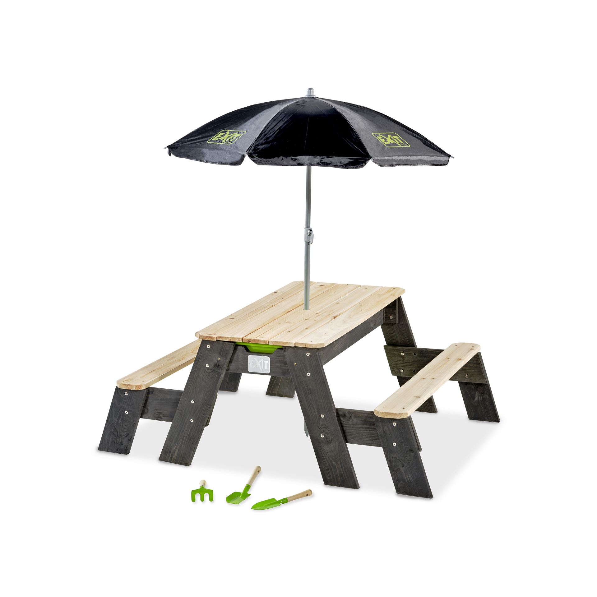 EXIT-Aksent-zand-water-en-picknicktafel-2-bankjes-met-parasol-en-tuingereedschap