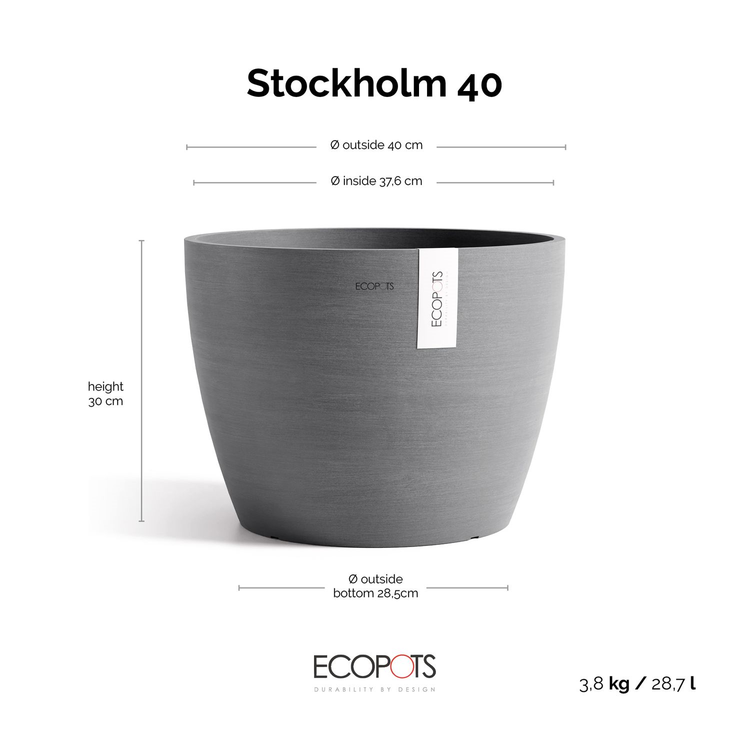 Ecopots flowerpot Stockholm 40 - Round - Grey - Ø40 x H30 cm