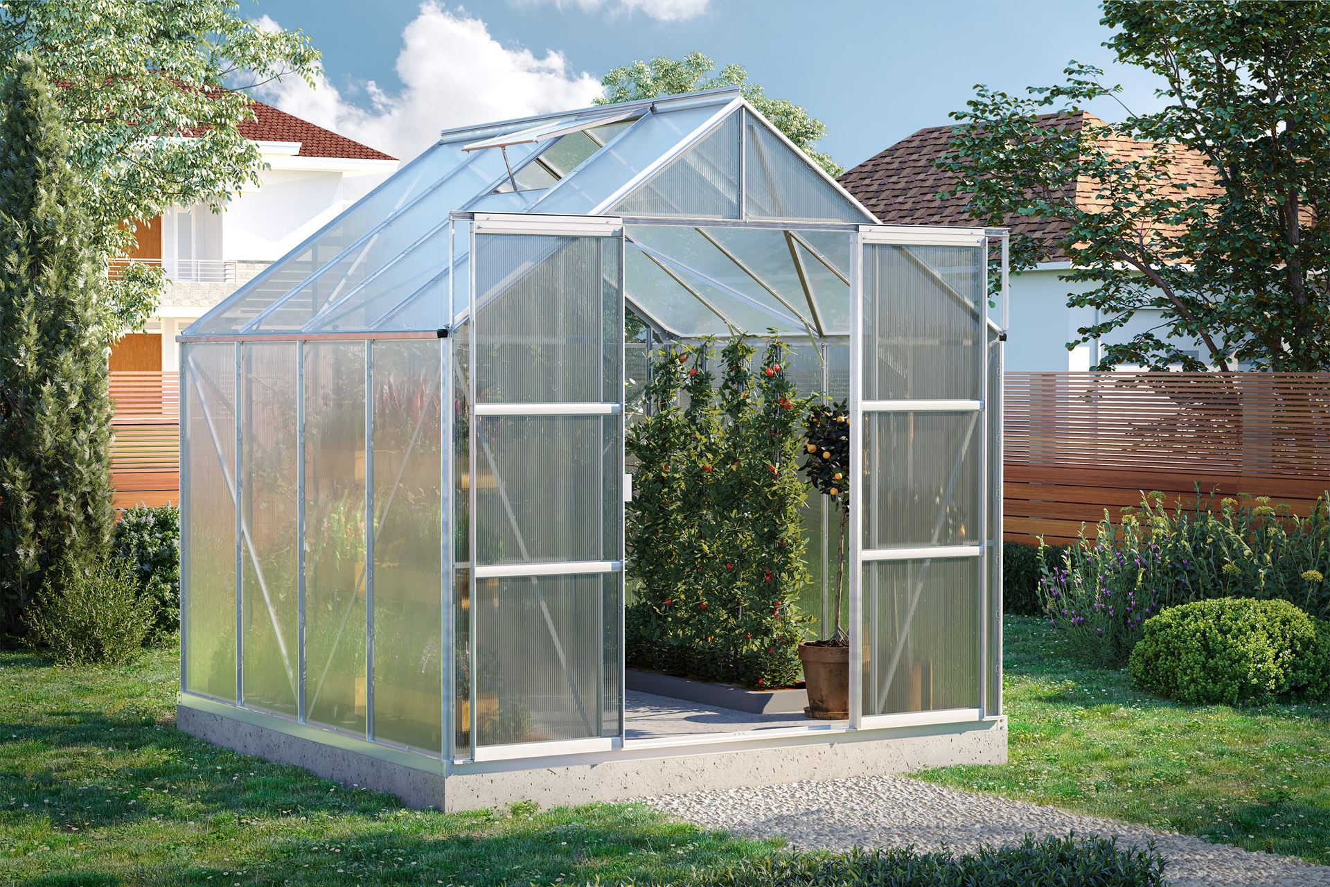Vitavia Uranus serre 6,7m² met 4 mm polycarbonaat - Aluminium - Met dubbele schuifdeur (B120 cm) en fundering