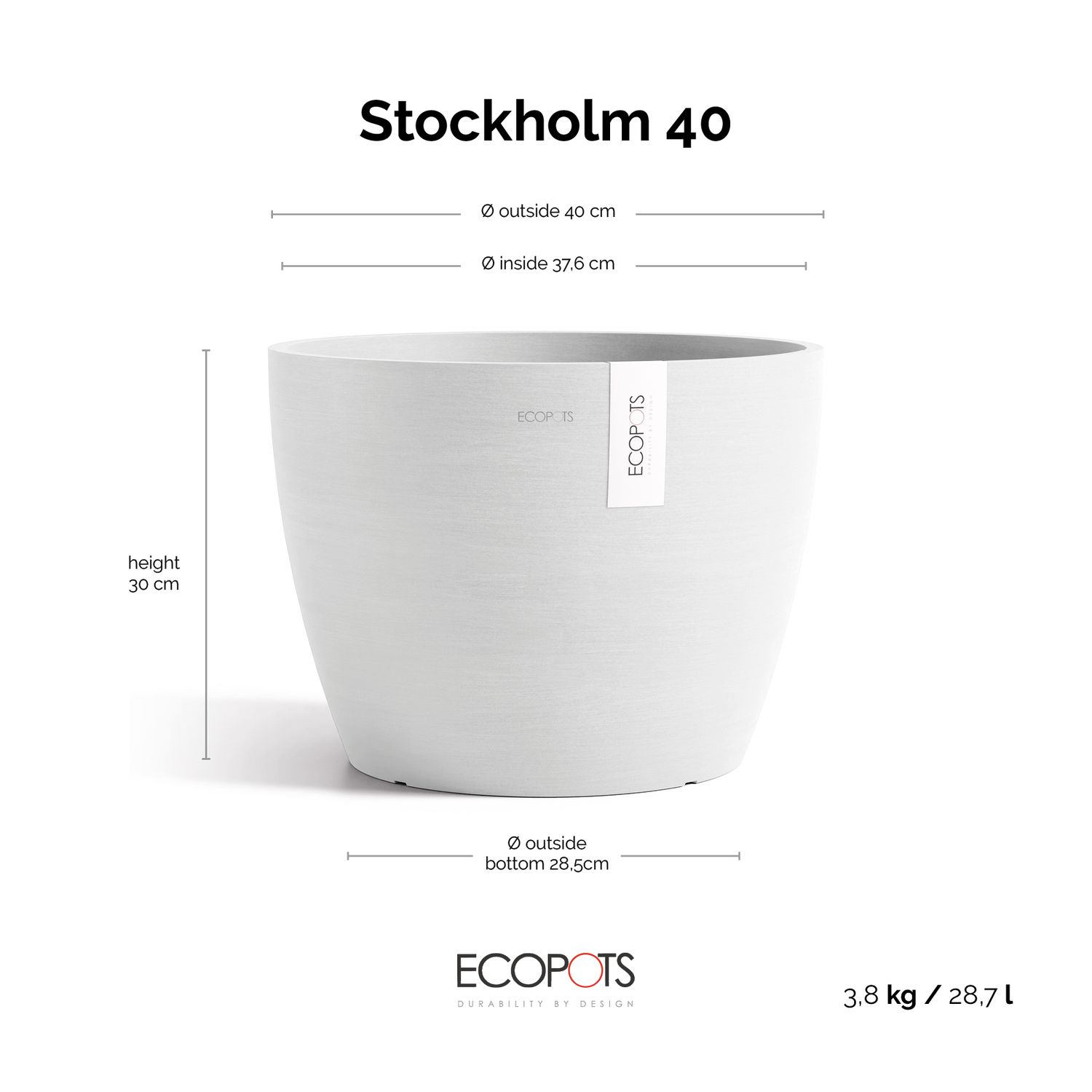 Ecopots flowerpot Stockholm 40 - Round - Pure White - Ø40 x H30 cm