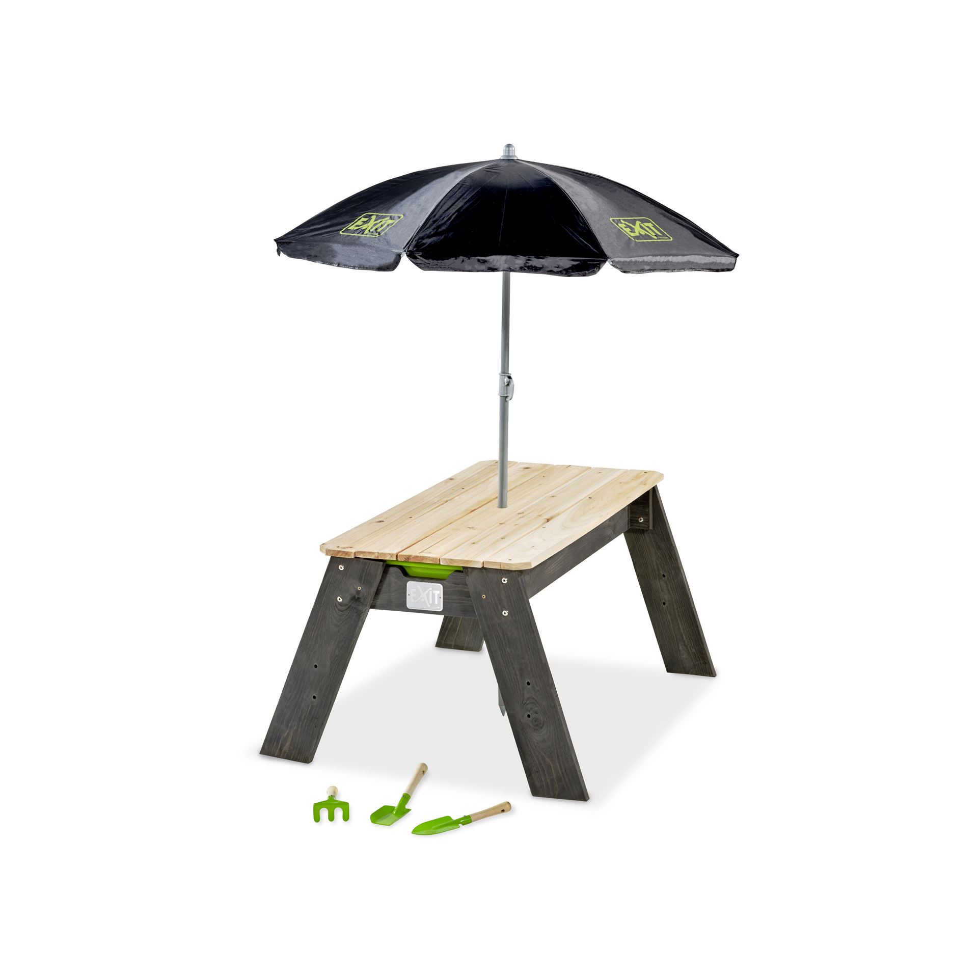 EXIT-Aksent-zand-en-watertafel-met-parasol-en-tuingereedschap