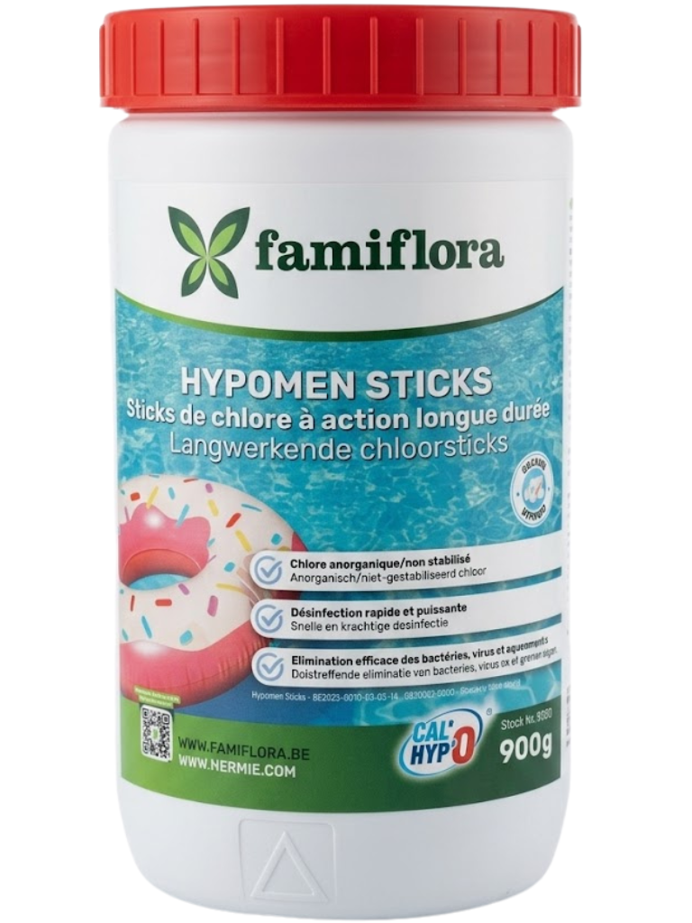 Famiflora - Hypomen long-acting inorganic chlorine 900 grams - 300g sticks (3x300g) - non-stabilized chlorine