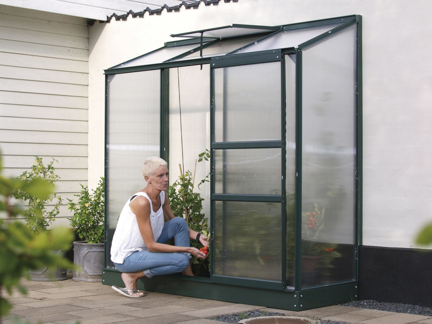 Vitavia Ida wall greenhouse 1.3m² with 4 mm polycarbonate - Dark green - With single sliding door (B61 cm) and foundation