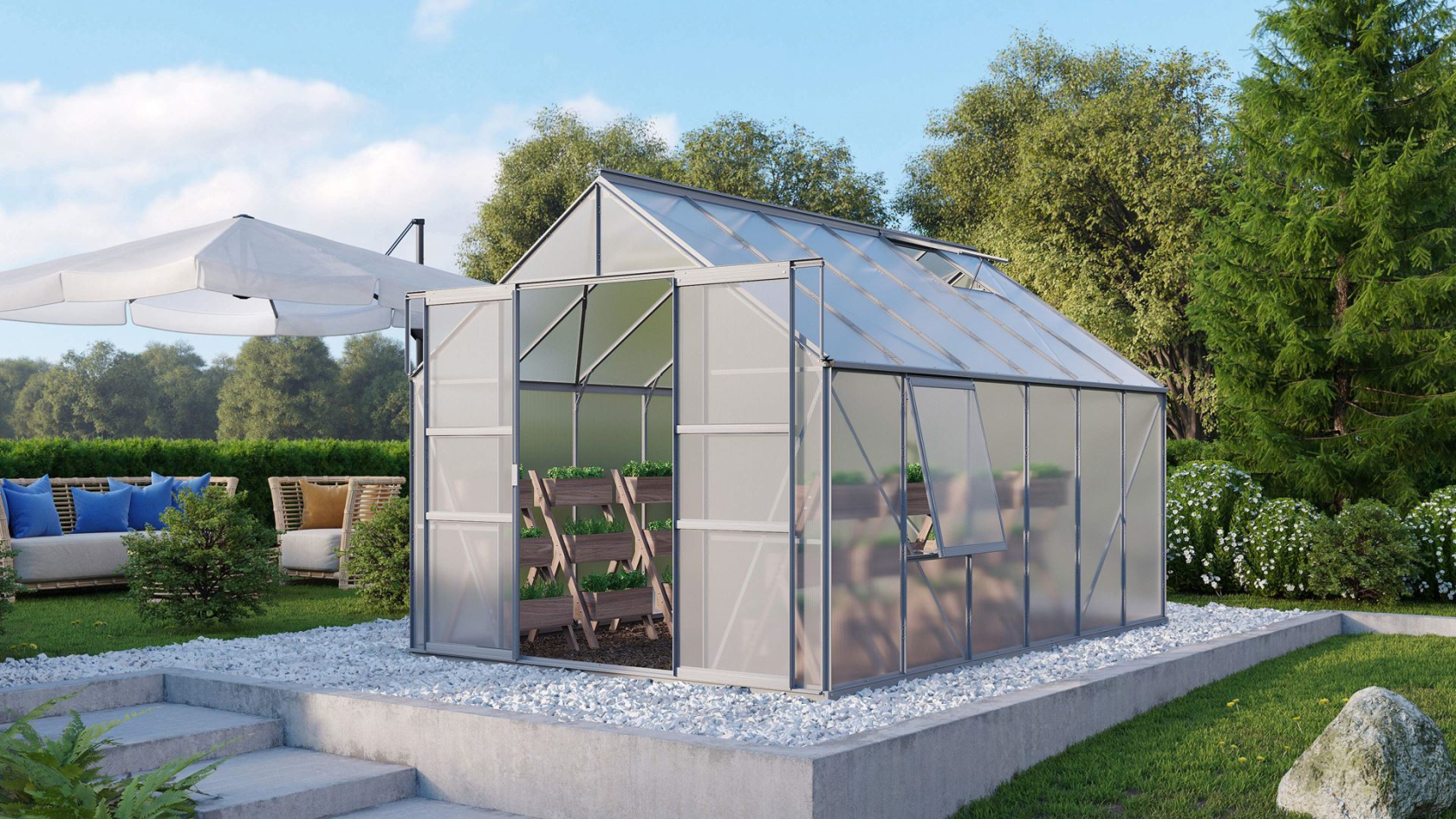 Vitavia Meridian 2 serre 9,9m² avec polycarbonate 4 mm - Aluminium - Avec double porte coulissante (L120 cm) et fondation