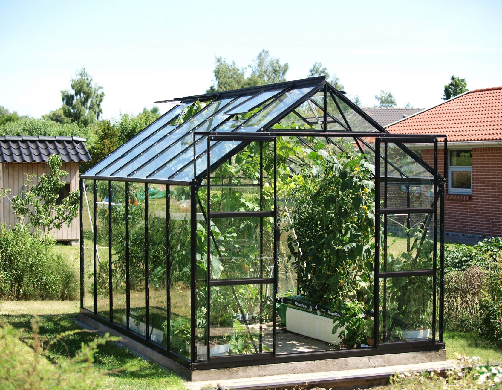 Vitavia Uranus greenhouse 9.9m² with safety glass - Black - With double sliding door (W120 cm) and foundation