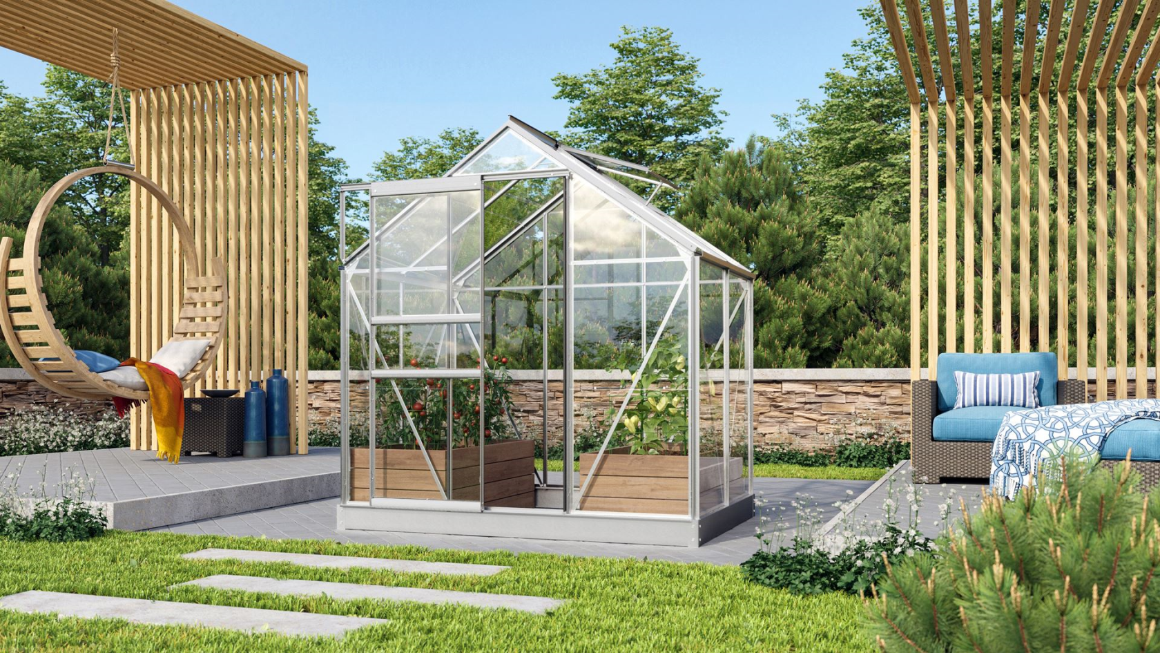 Serre Vitavia Venus 2,5m² avec verre de sécurité - Aluminium - Avec porte coulissante simple (B61 cm) et fondation