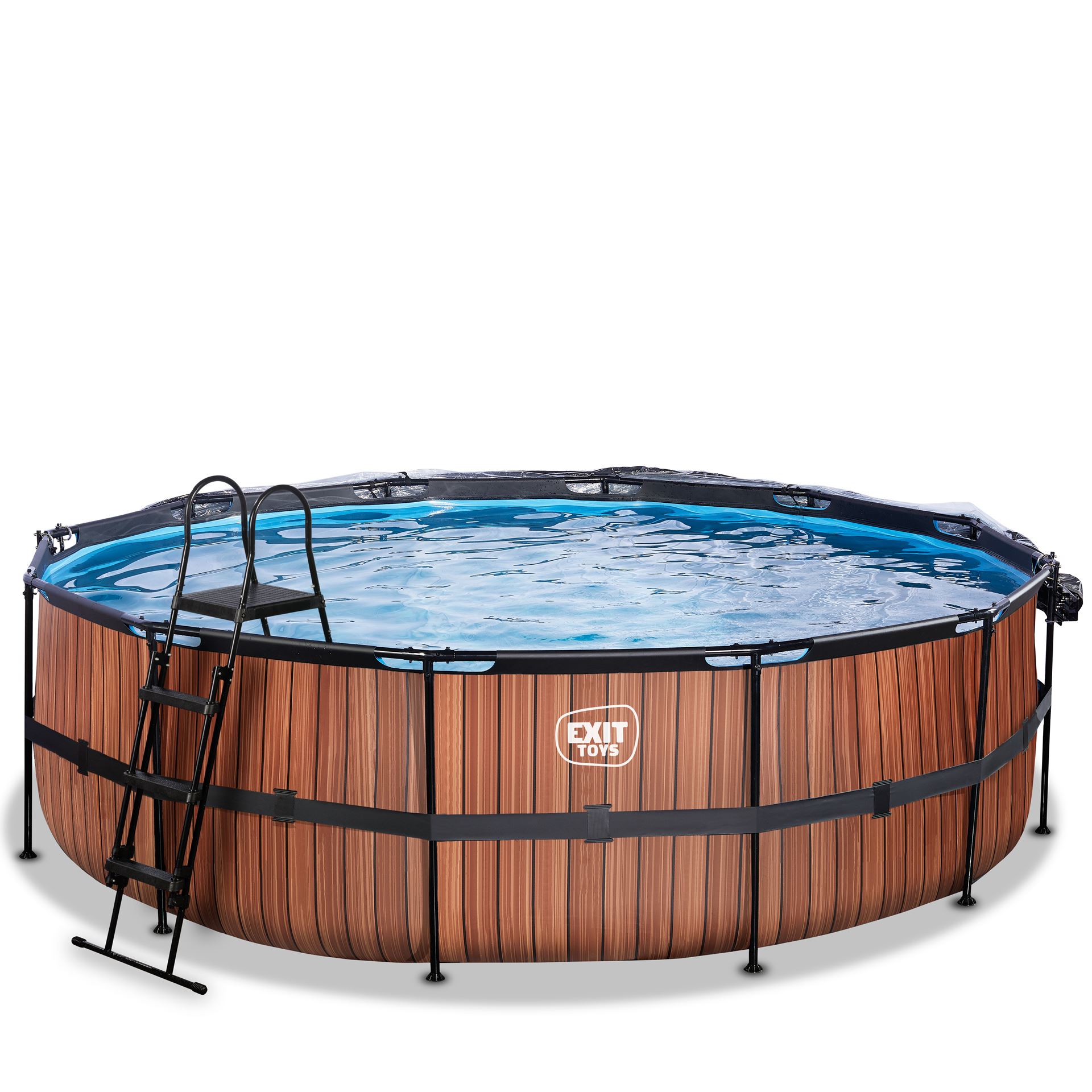 EXIT-Wood-zwembad-488x122cm-met-zandfilterpomp-en-overkapping-en-warmtepomp-bruin