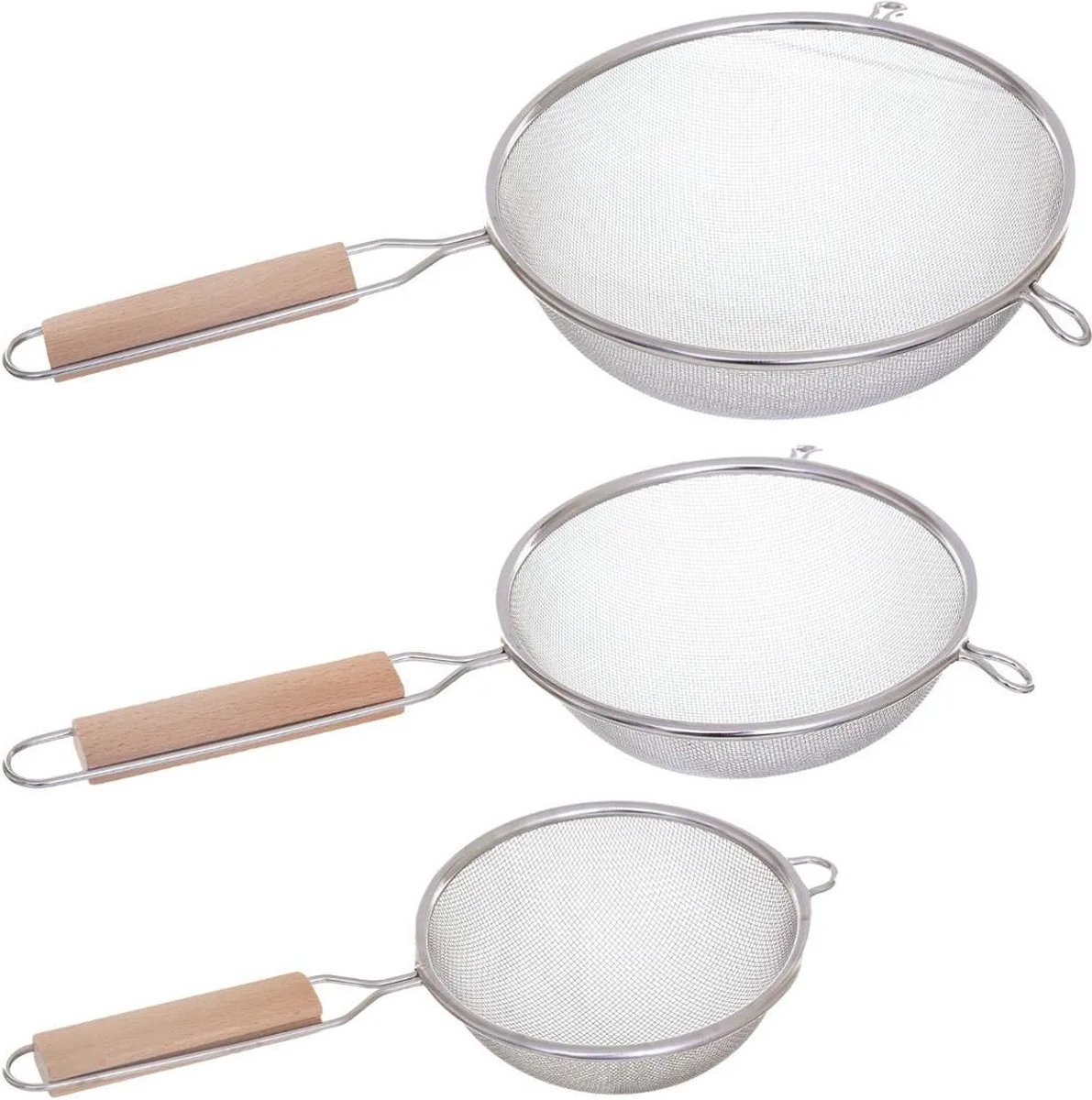 5Five Kitchen Sieve Set 3 pieces - Inox with wooden handle - Small, Medium, Large