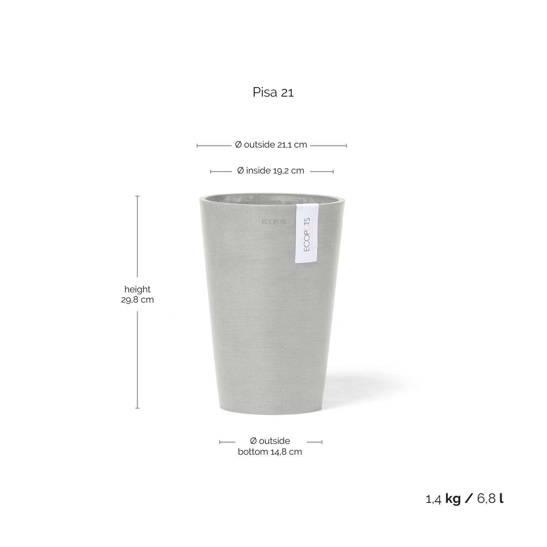 Ecopots-pisa-white-grey-21-cm-H30-cm
