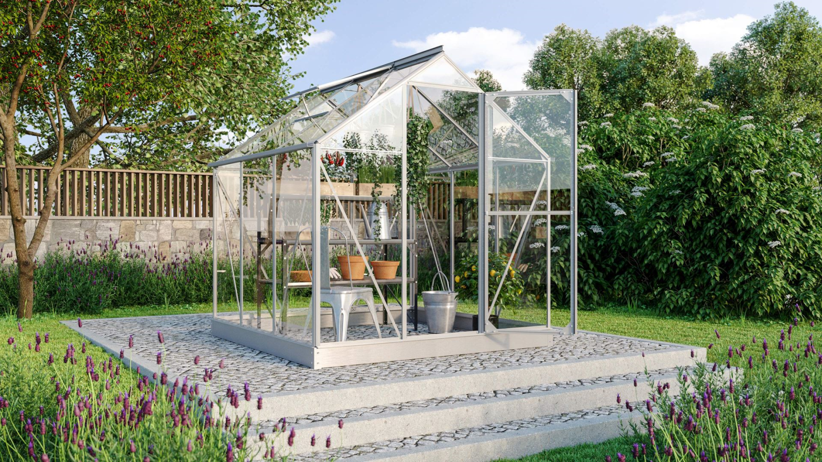 Jardin d'hiver Vitavia Triton 3,8m² avec verre de sécurité - Aluminium - Avec porte flexible (peut être configurée comme une porte à la française ou une porte coulissante) et fondation