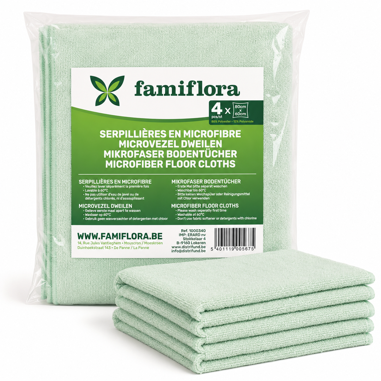 Famiflora microfiber mop 80 x 60 cm - Set of 4 - 300gr/m² - Warp cloths