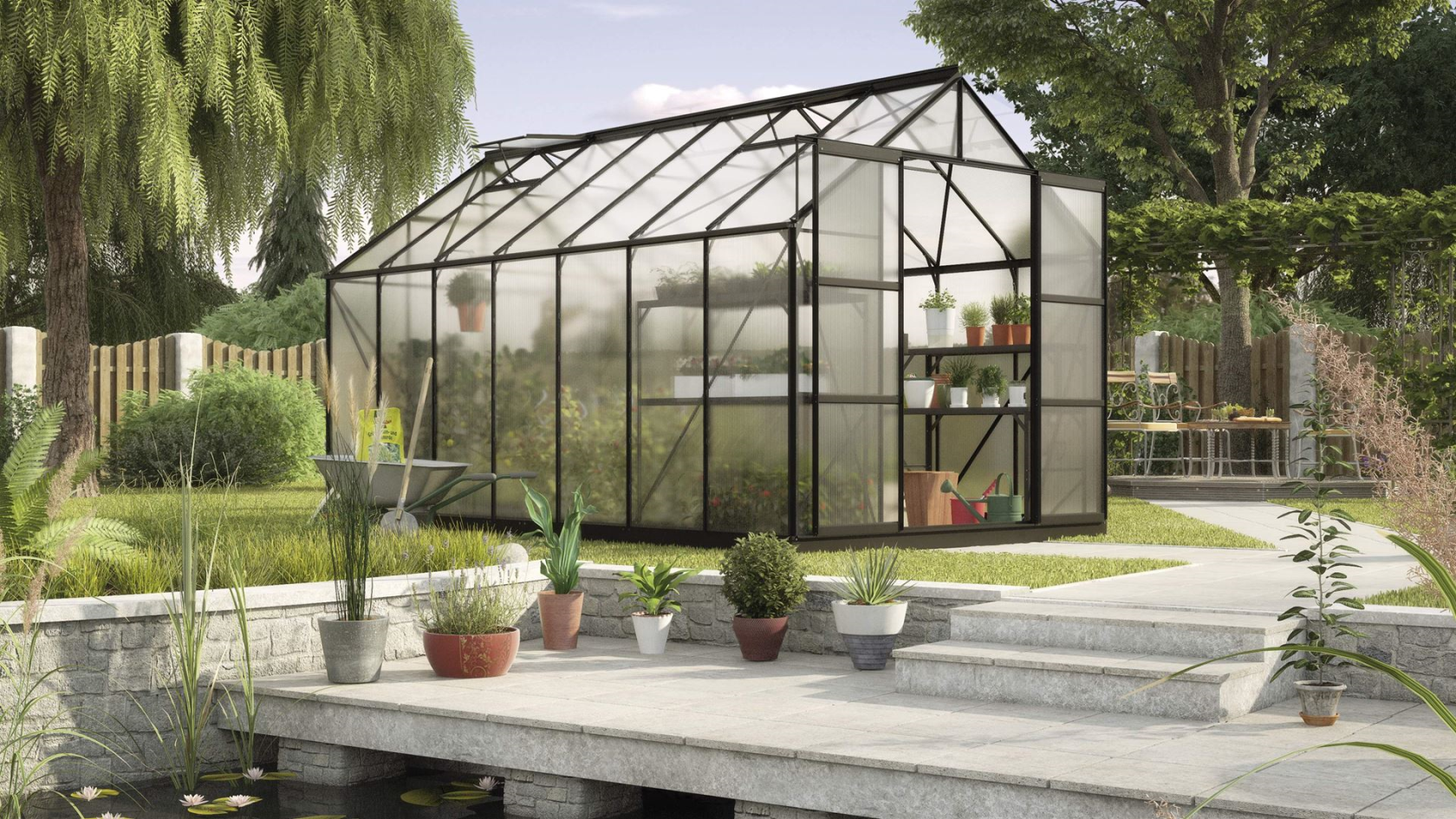 Serre Vitavia Uranus 11.5m² avec polycarbonate 6 mm - Noir - Avec double porte coulissante (L120 cm) et fondation