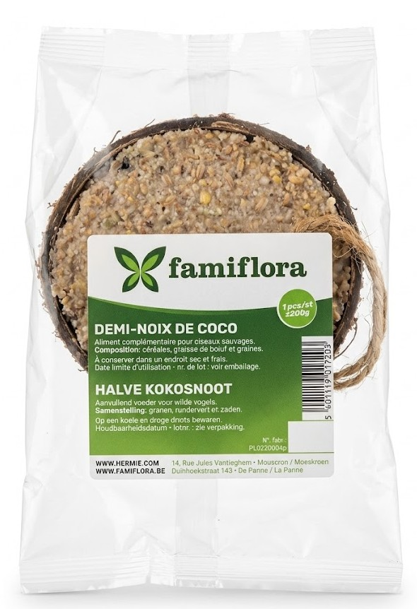 Famiflora Demi noix de coco farcie - Oiseaux sauvages - Mélange de graisses et de graines - +/- 200g