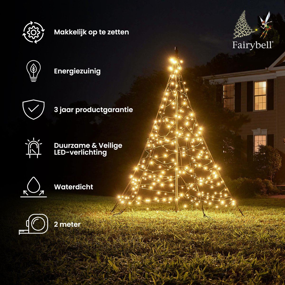 Fairybell flagpole Christmas tree - 200 cm - 300 warm white led lights - includes flagpole