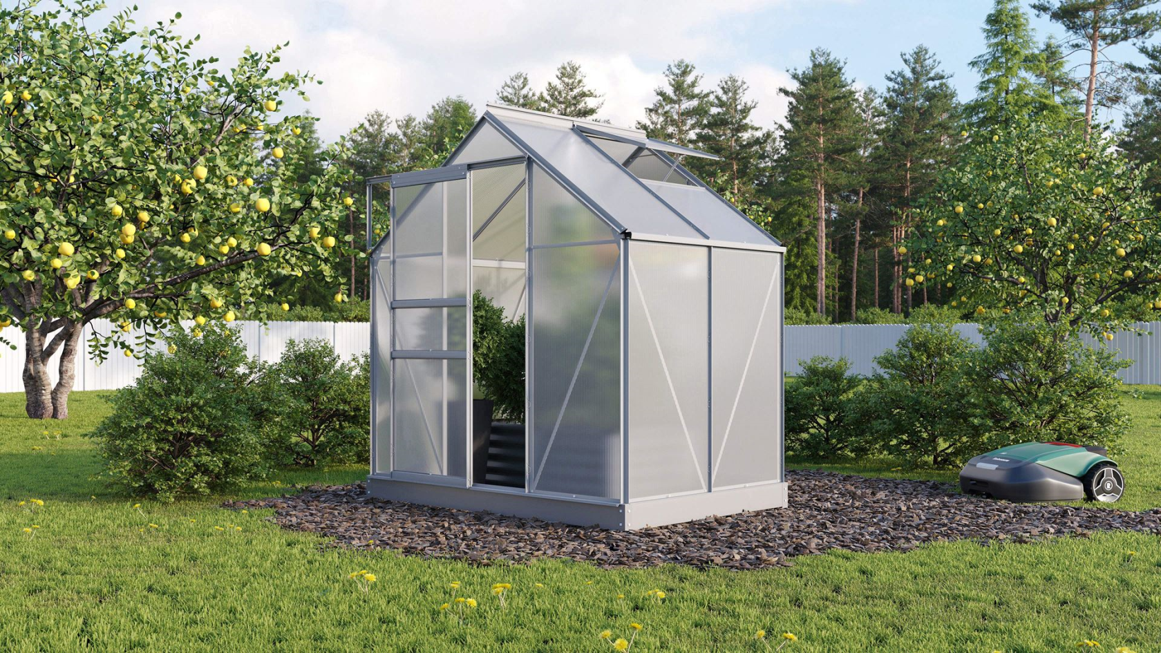 Serre Vitavia Planet 2.5m² avec polycarbonate 6 mm - Aluminium - Avec porte coulissante simple (B61 cm) et fondation