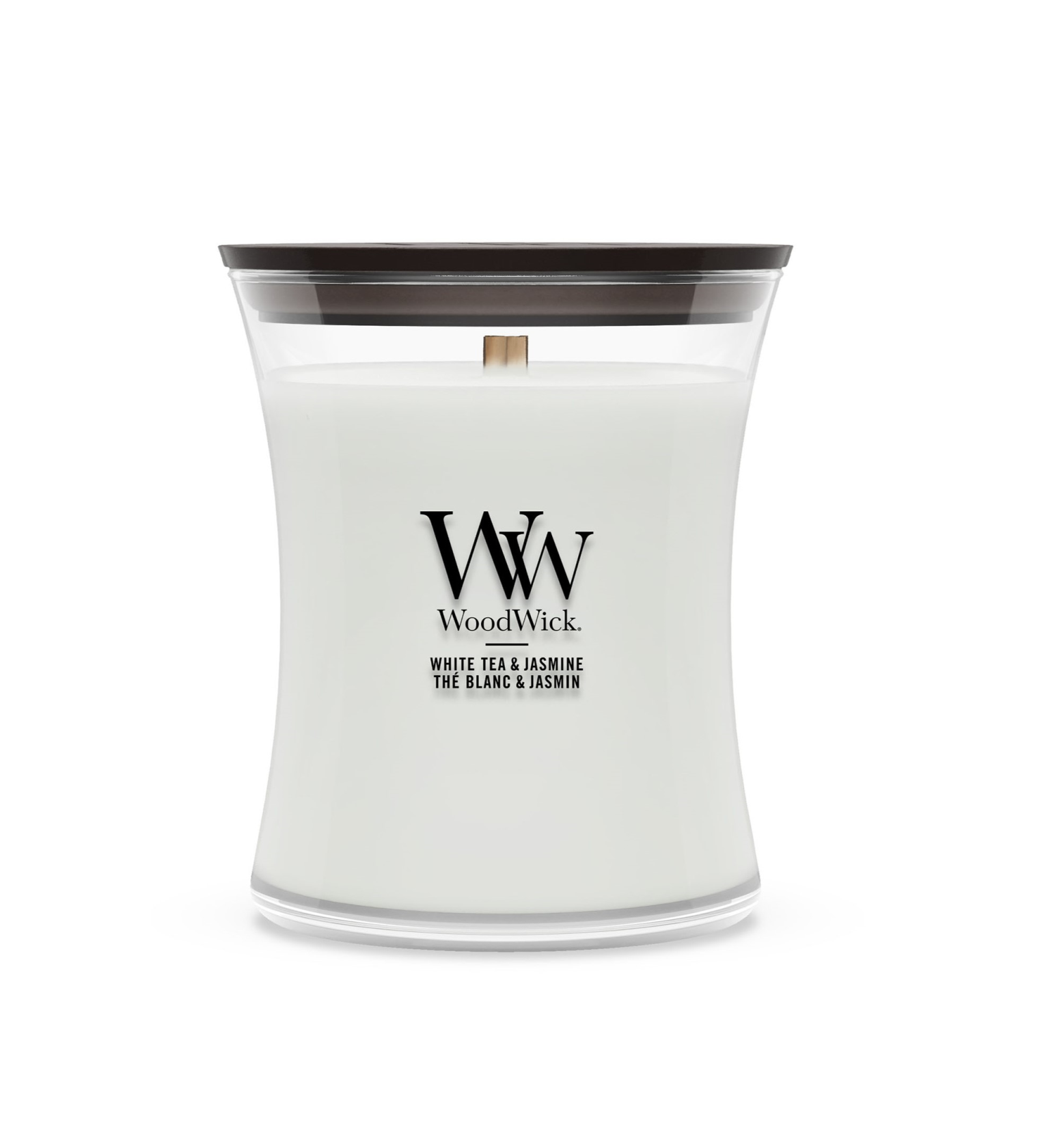 Bougie parfumée WoodWick - Sablier moyen - Thé blanc & Jasmin