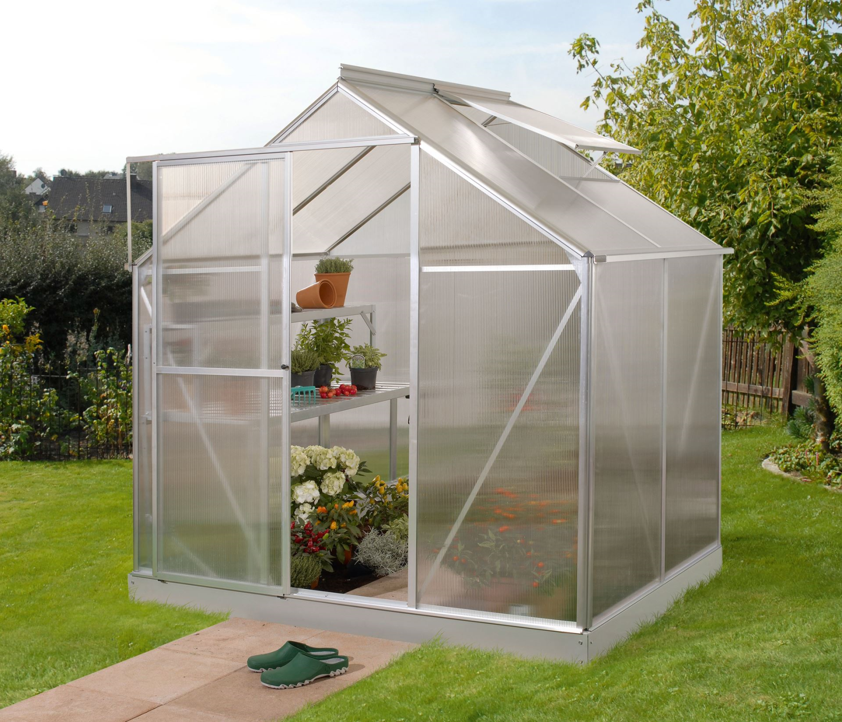 Serre Vitavia Triton 2,6m² avec polycarbonate 6 mm - Aluminium - Avec porte flexible (porte à la française ou porte coulissante) et fondation
