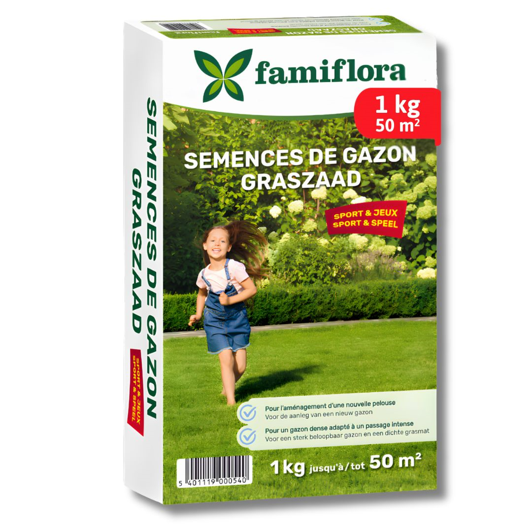 Famiflora graine de gazon Sport & Jeux - pour l'établissement d'un nouveau gazon - 1kg jusqu'à 50m²