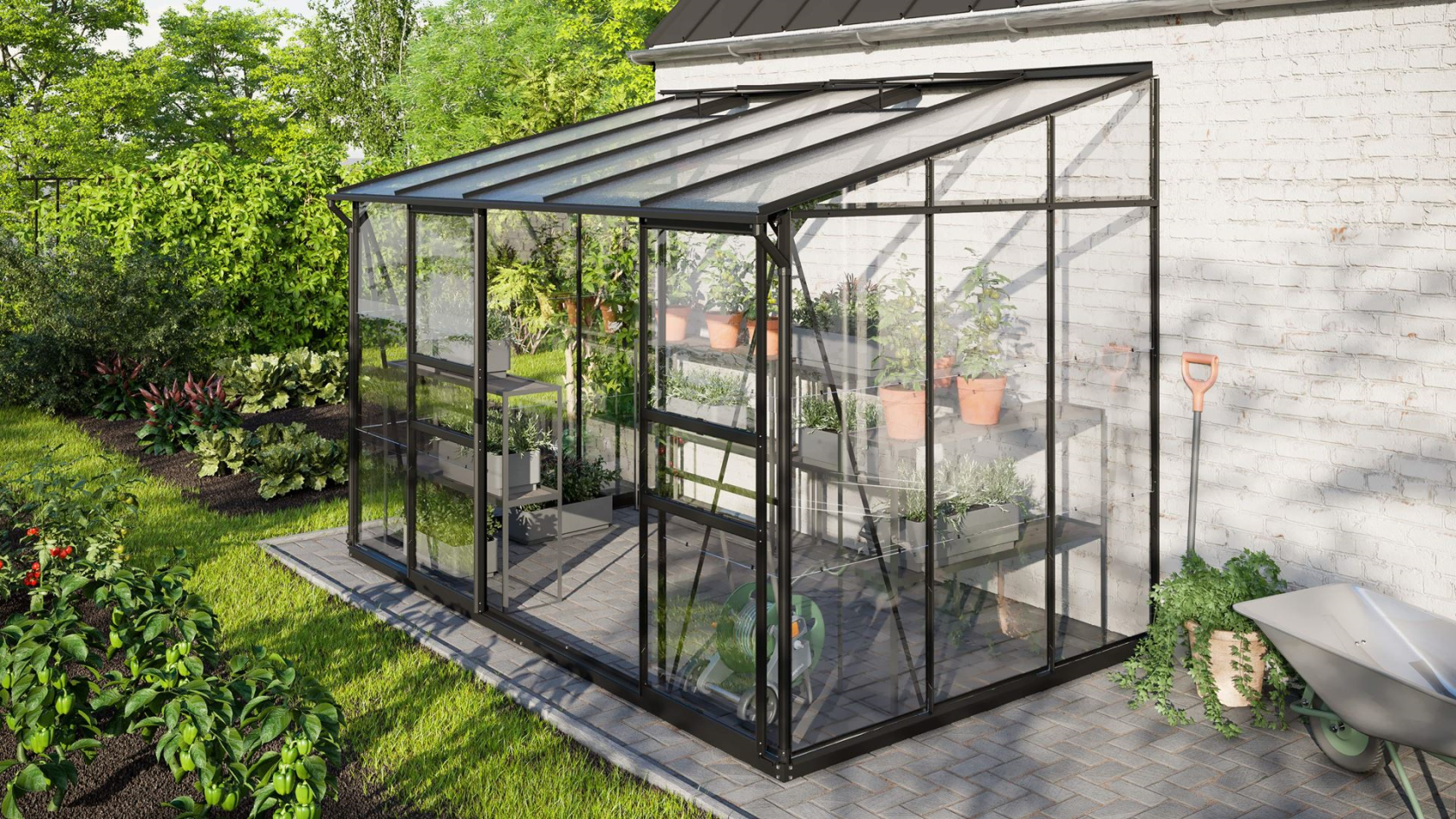 Vitavia Ida serre murale 6.5m² avec verre de sécurité - Noir - Avec double porte coulissante (L120 cm) et fondation