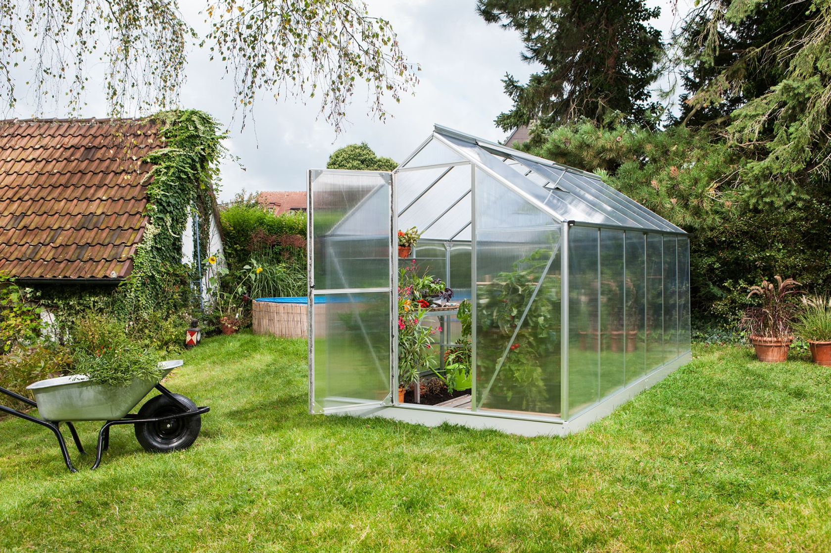 Serre Vitavia Triton 7,5m² avec polycarbonate 4 mm - Aluminium - Avec porte flexible (porte à la française ou porte coulissante) et fondation