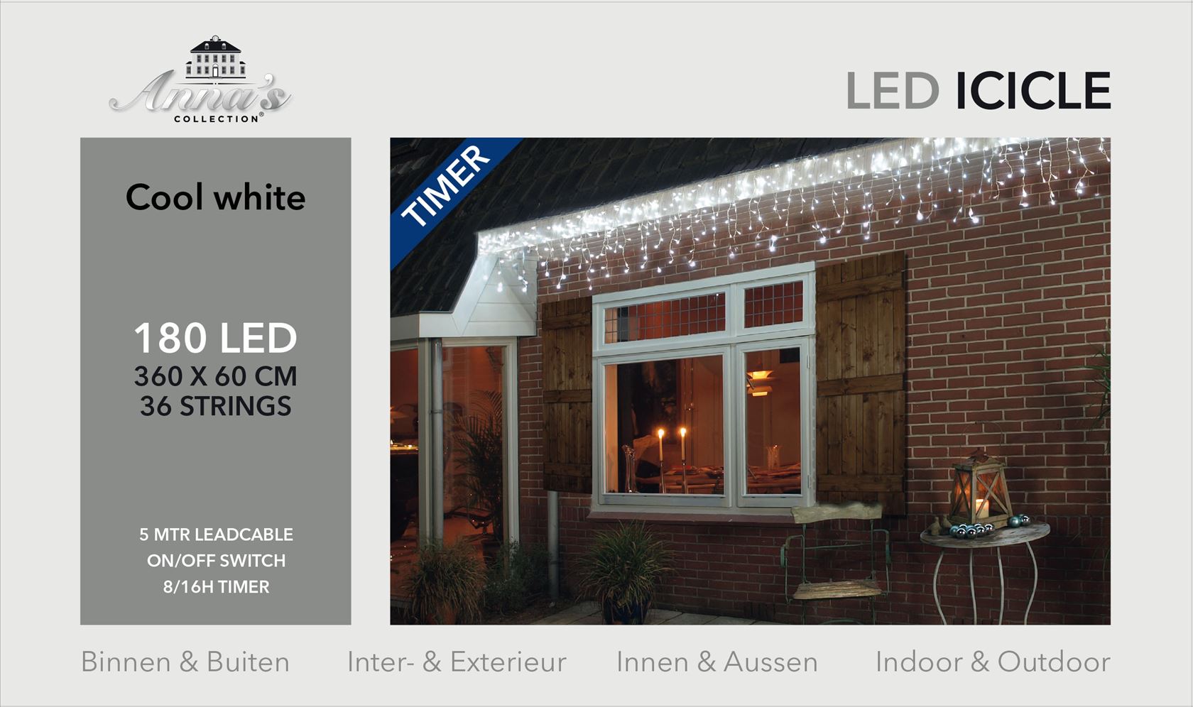 Anna's Collection - ijspegelverlichting - L360 x B60 cm - 36 lichtstrengen - 180 koud witte ledlampjes - met timer