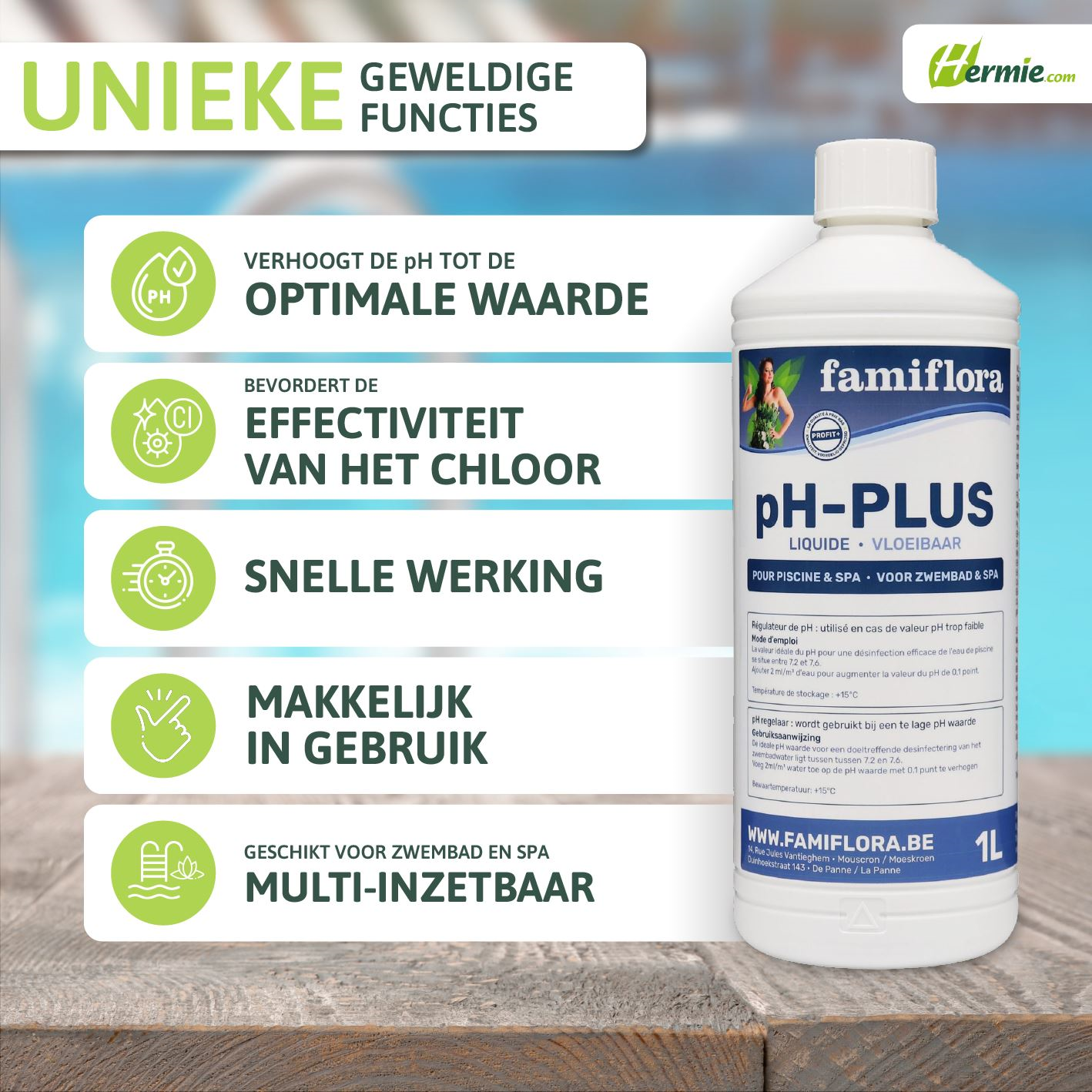 Famiflora pH-plus vloeibaar 1L - verhoogt de pH-waarde van je zwembad of spa!