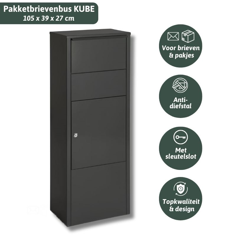 Famiflora pakketbrievenbus KUBE met sleutelslot - mat zwart - 105 x 39 x 27 cm - topkwaliteit!