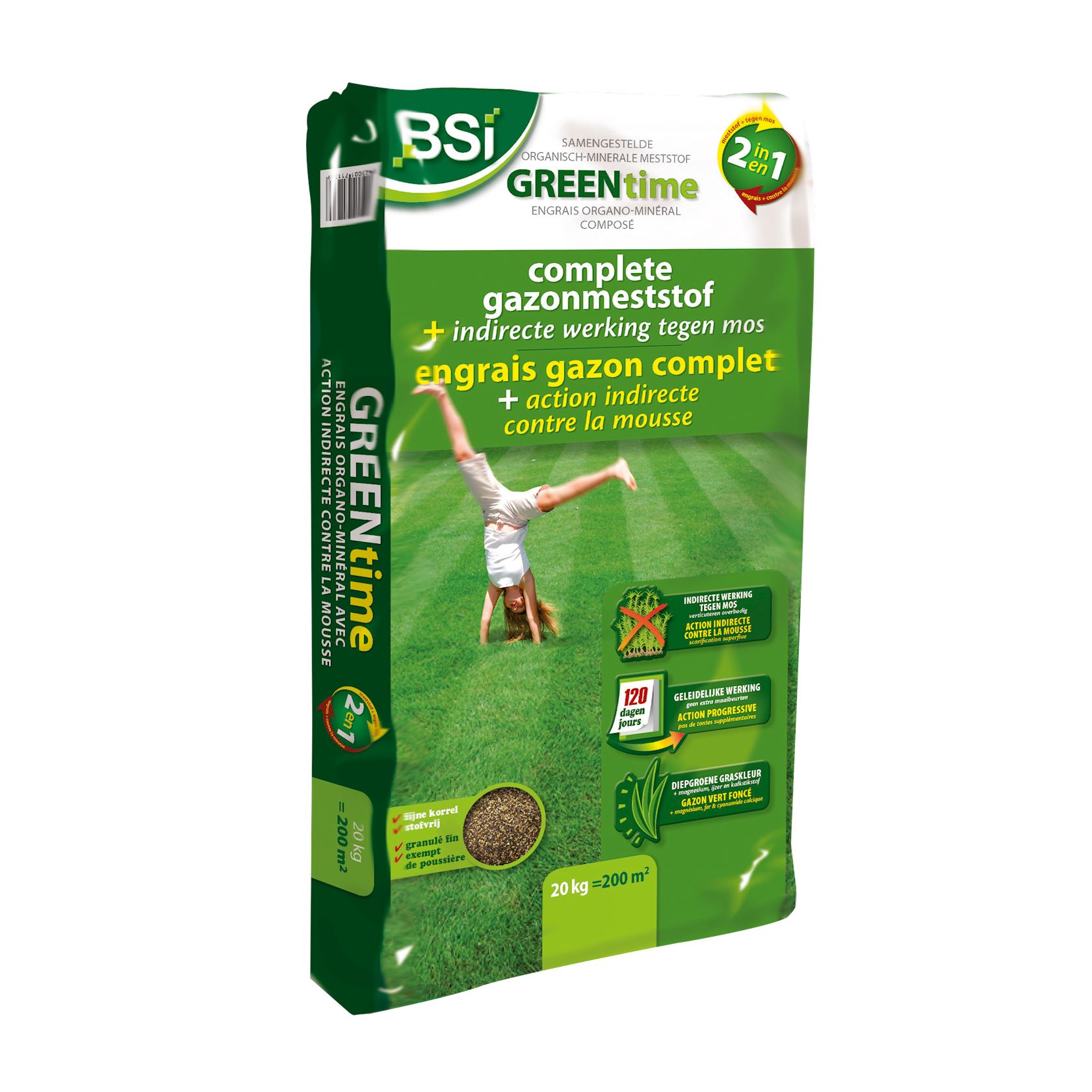 BSI Green Time Engrais pour gazon 2 en 1 avec action indirecte contre la mousse - 20 kg pour 200 m²