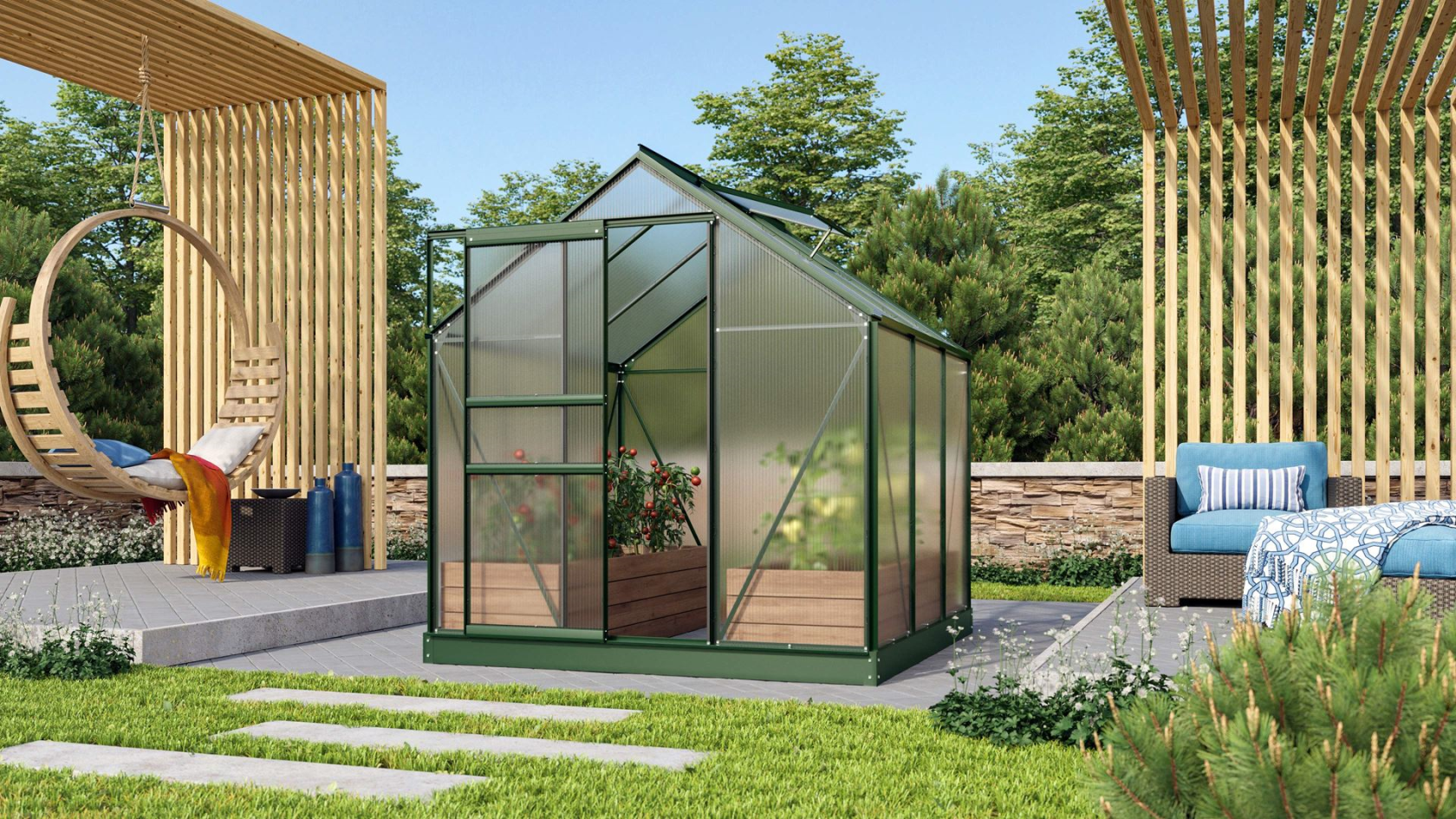 Vitavia Venus greenhouse 3.8m² with 6mm polycarbonate - Dark green - With single sliding door (B61 cm) and foundation