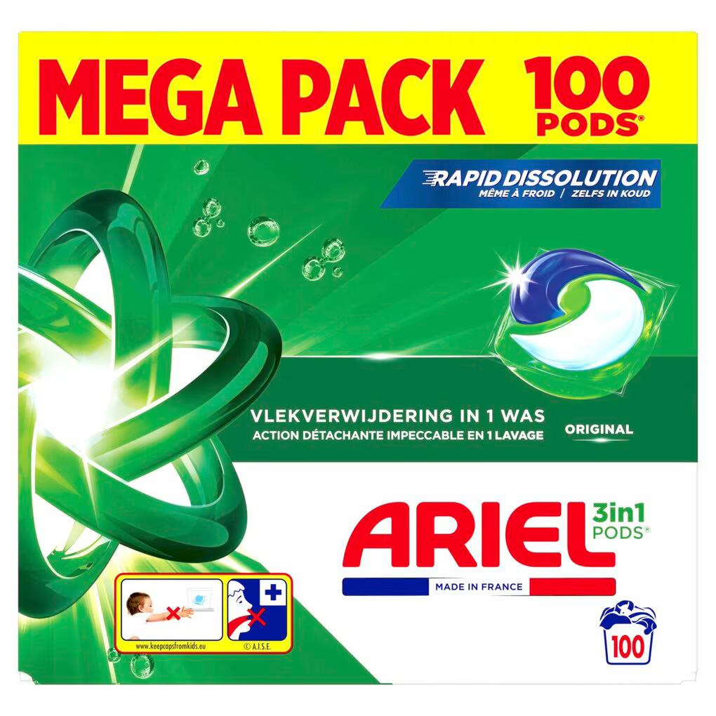 Ariel Original 3-in-1 Laundry Detergent Pods - 100 pods - Stain Removal - Cold and Hot Wash Cycles
