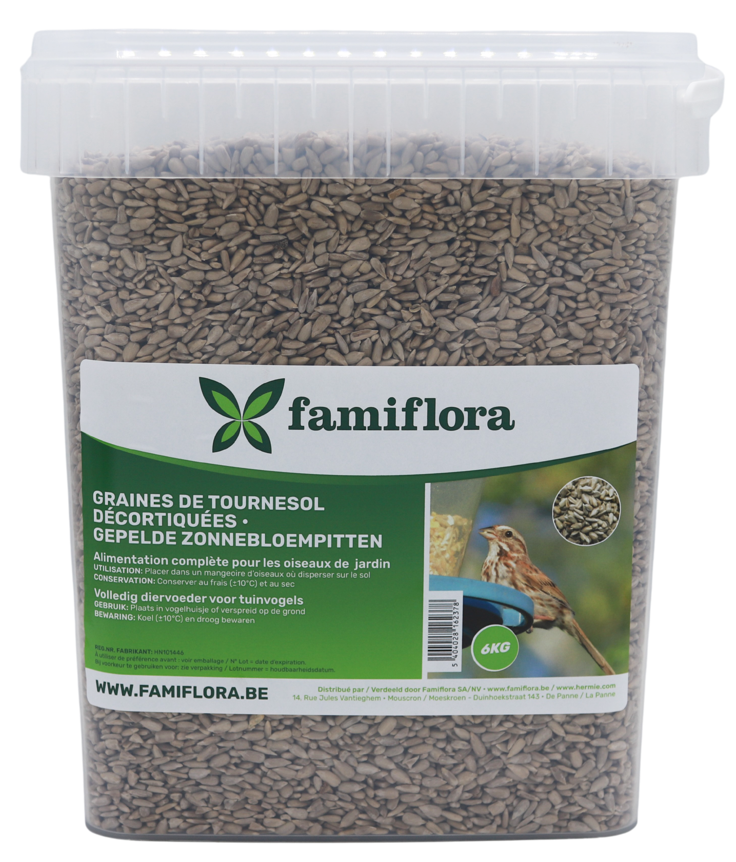 Famiflora Graines de tournesol décortiquées - Seau de 6kg - Nourriture de qualité supérieure - Alimentation propre - Nourriture pour oiseaux de jardin - Nourriture d'hiver