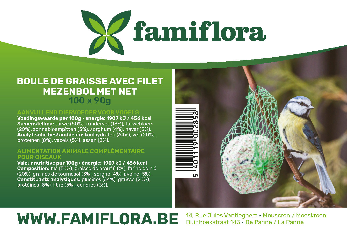 Famiflora boules de suif avec filet - Nourriture pour oiseaux - 100 boules à 90 g