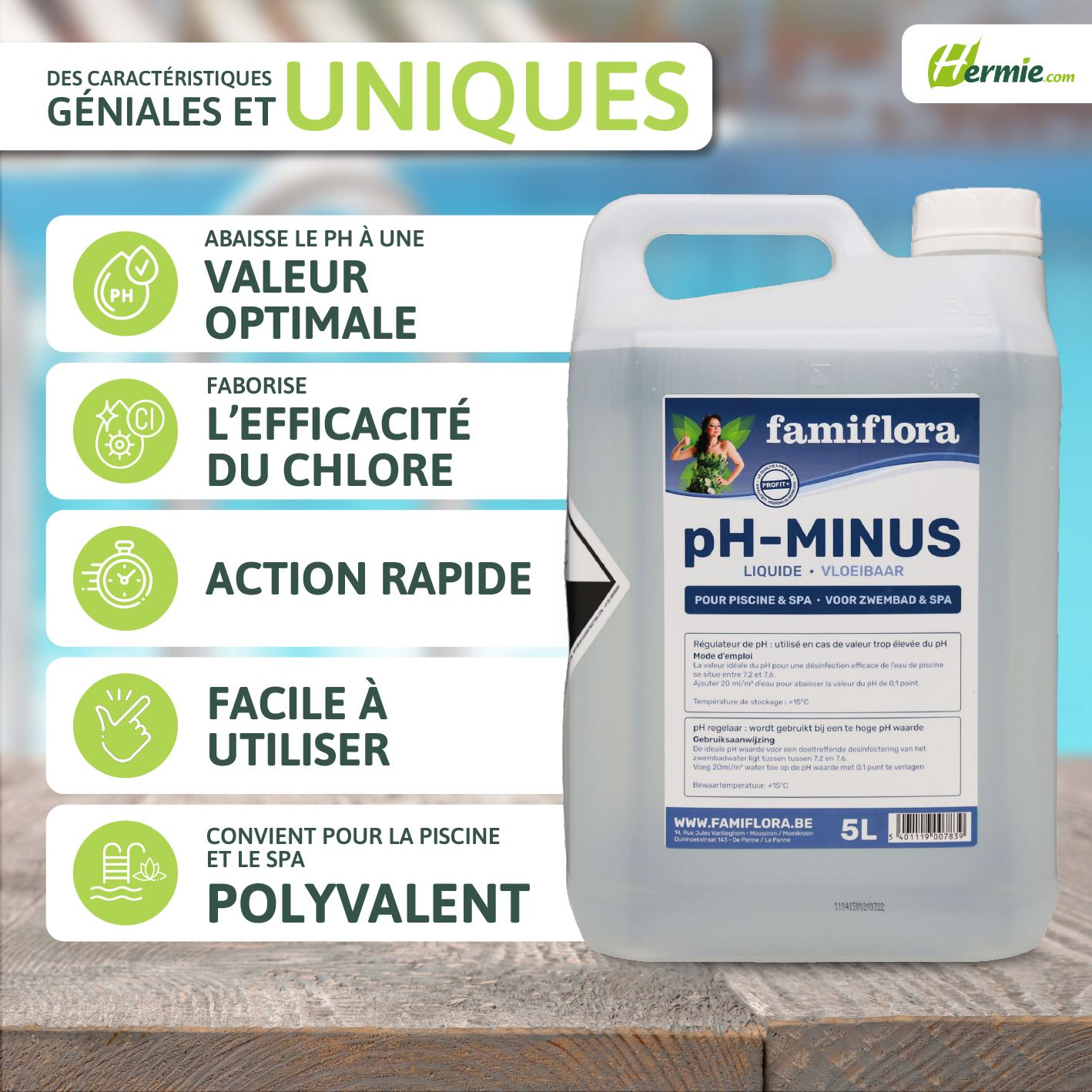 Famiflora pH-minus vloeibaar 5L - verlaagt de pH-waarde van je zwembad of spa!