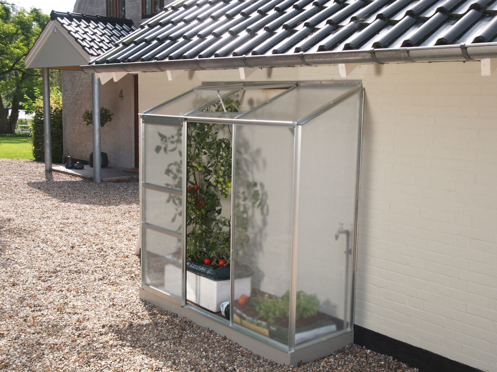 Vitavia Ida wall greenhouse 1.3m² with 4 mm polycarbonate - Aluminum - With single sliding door (B61 cm) and foundation