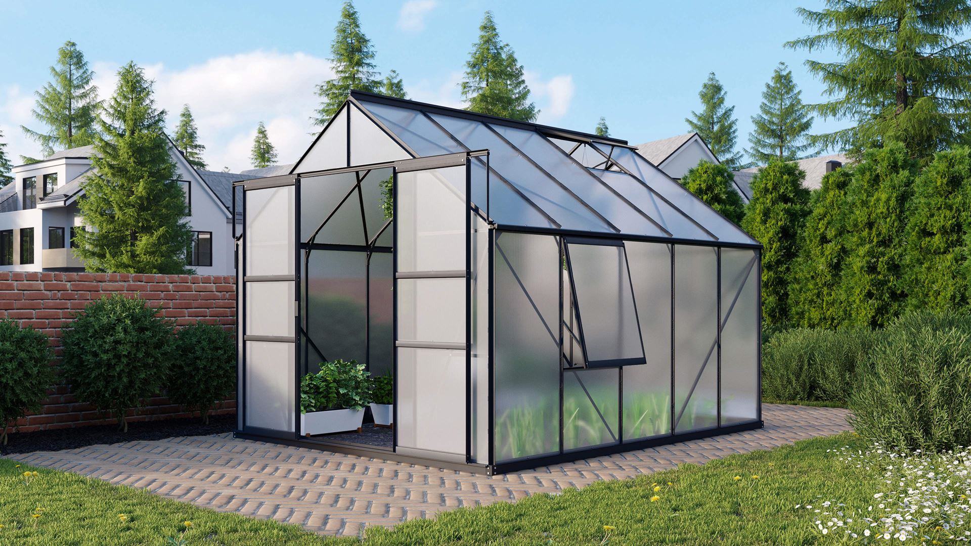 Meridian-2-8300-HKP6mm-zwart-Polycarbonaat-serre-Vrijstaand-B254-4-x-L316-6-x-H231-8-cm