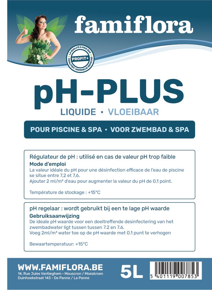 Famiflora pH-plus vloeibaar 5L - verhoogt de pH-waarde van je zwembad of spa!