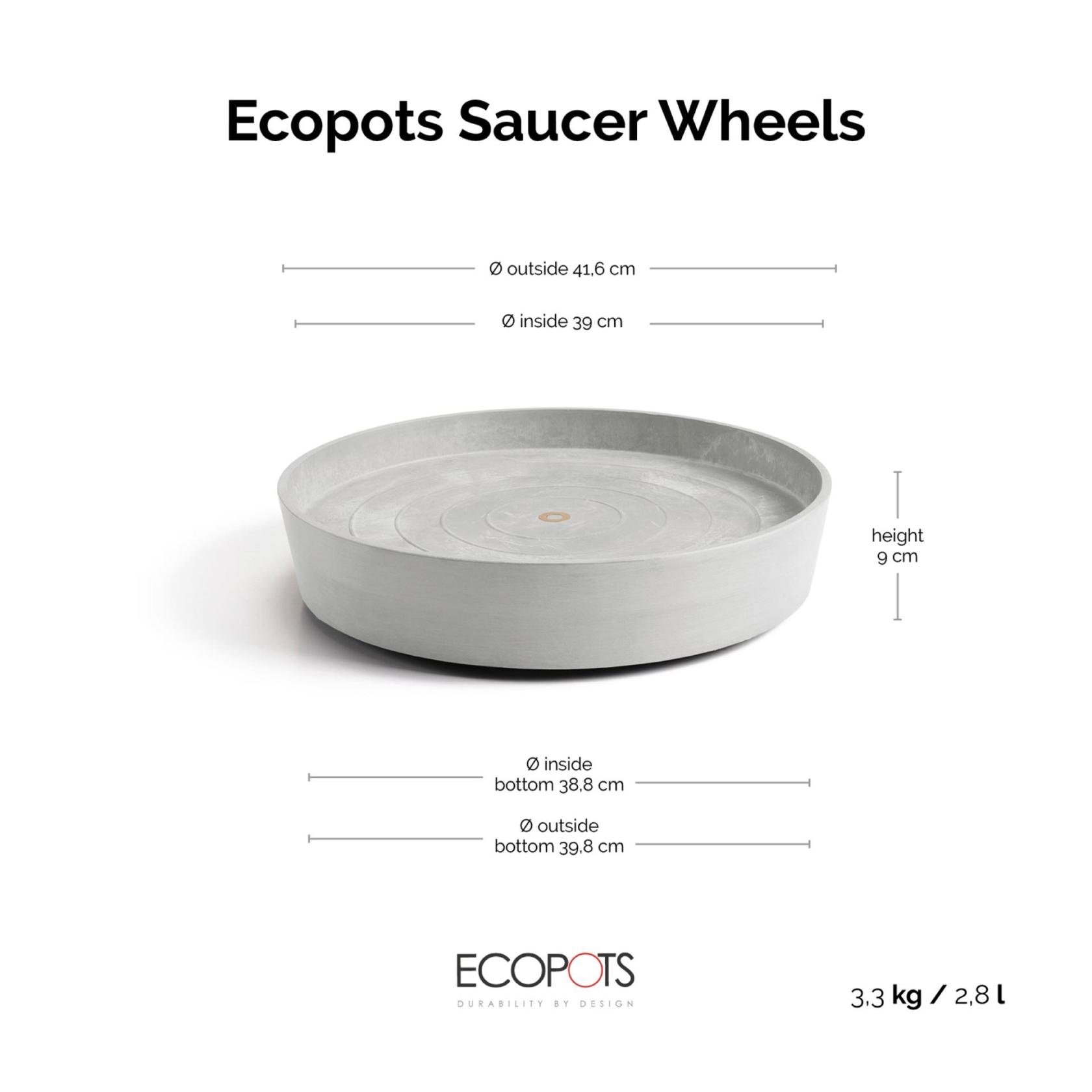 Ecopots onderschotel op wielen - Rond - White Grey - Diameter 41,6 x H9 cm