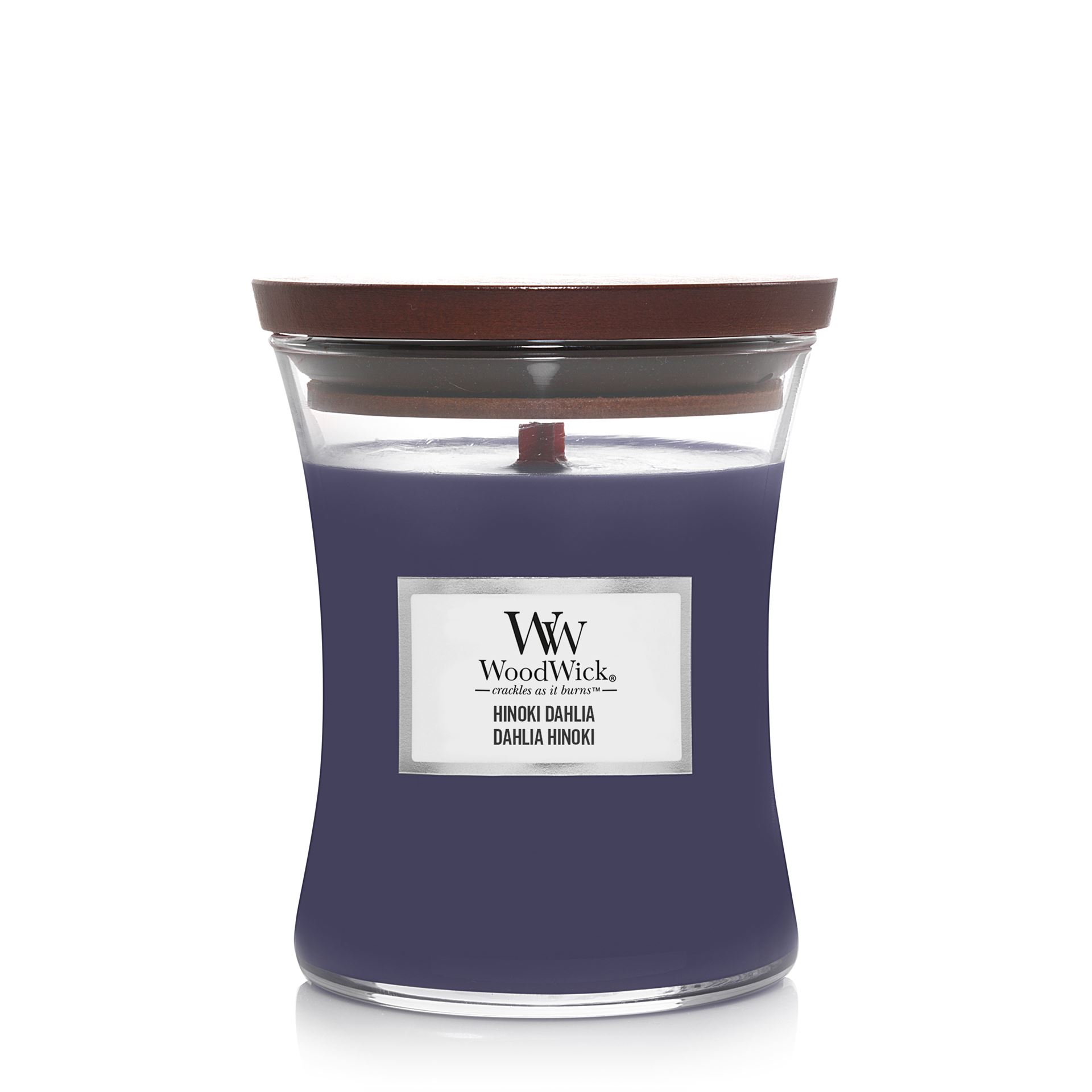 WoodWick - Bougie parfumée Medium Hourglass - Hinoki Dahlia - Jusqu'à 60 heures de combustion