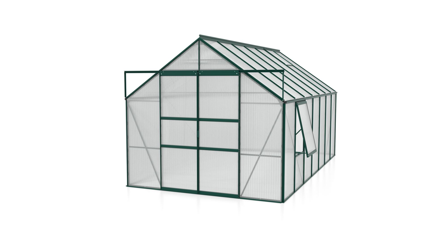 Vitavia Meridian 2 serre 11.5m² avec polycarbonate 6 mm - Vert foncé - Avec double porte coulissante (L120 cm) et fondation