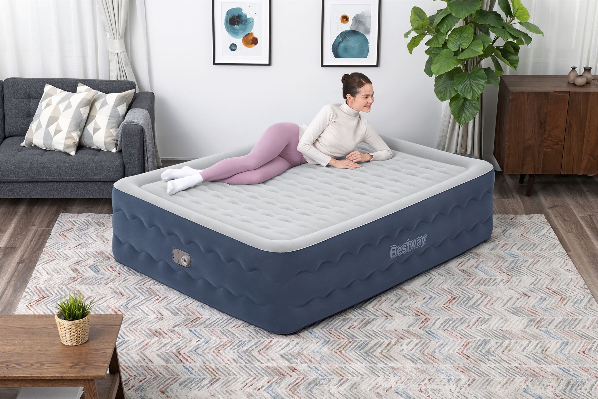 Bestway luchtbed 'Tritech Queen' - 203x152x51 cm - met zijkant, ingebouwde pomp - Luxe design blauw/wit Bestway-2-03m-x-1-52m-x-51cm-Tritech-Truleisure-Air-Mattress-Queen-Built-in-AC-pump