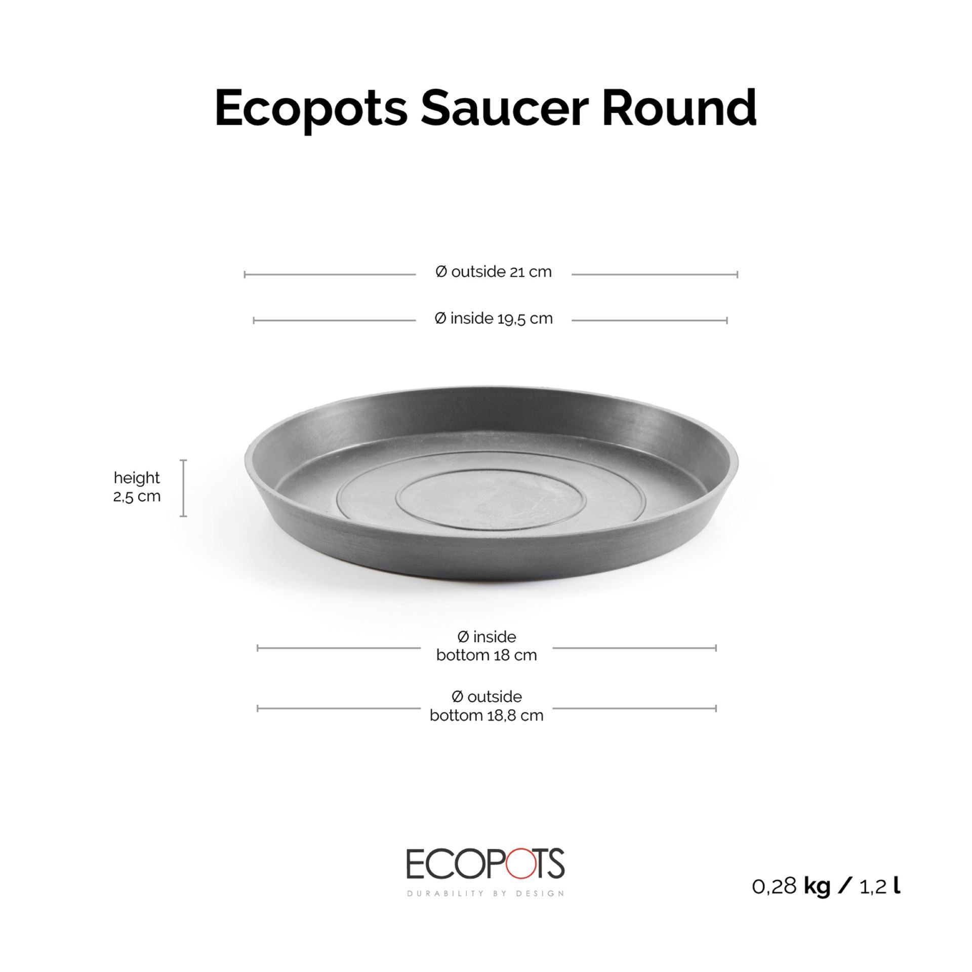 Ecopots-onderschotel-rond-grey-21-cm-H2-5-cm
