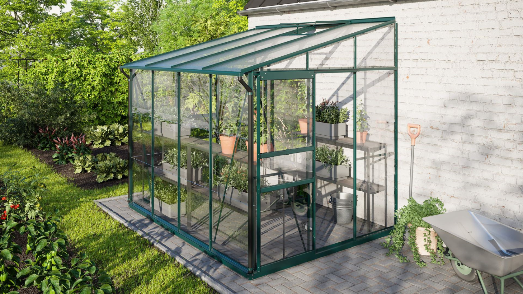 Vitavia Ida serre murale 5.2m² avec verre de sécurité - Vert foncé - Avec double porte coulissante (L120 cm) et fondation
