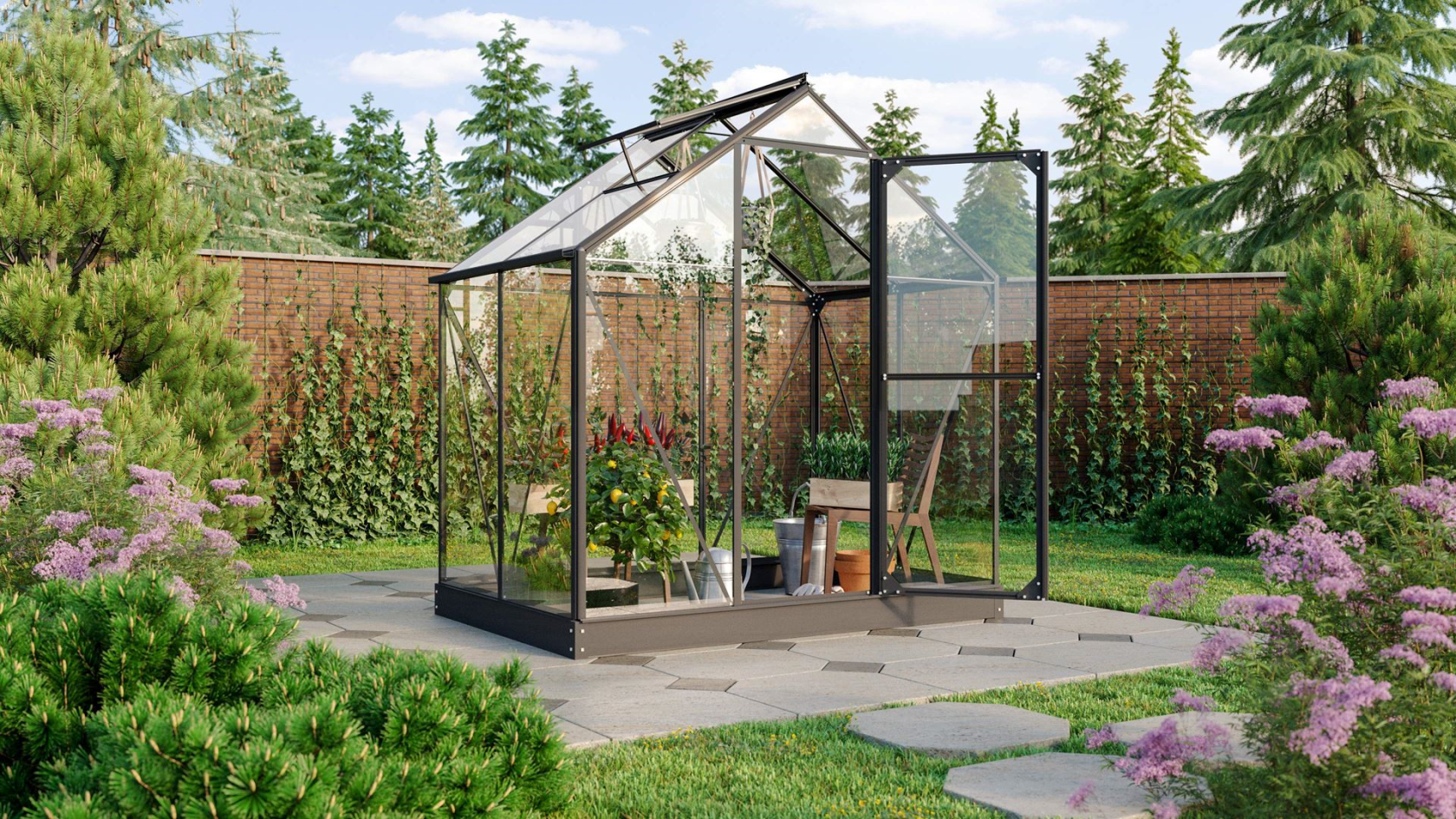 Serre Vitavia Triton 2,6m² avec verre de sécurité - Noir - Avec porte flexible (porte à la française ou porte coulissante) et fondation