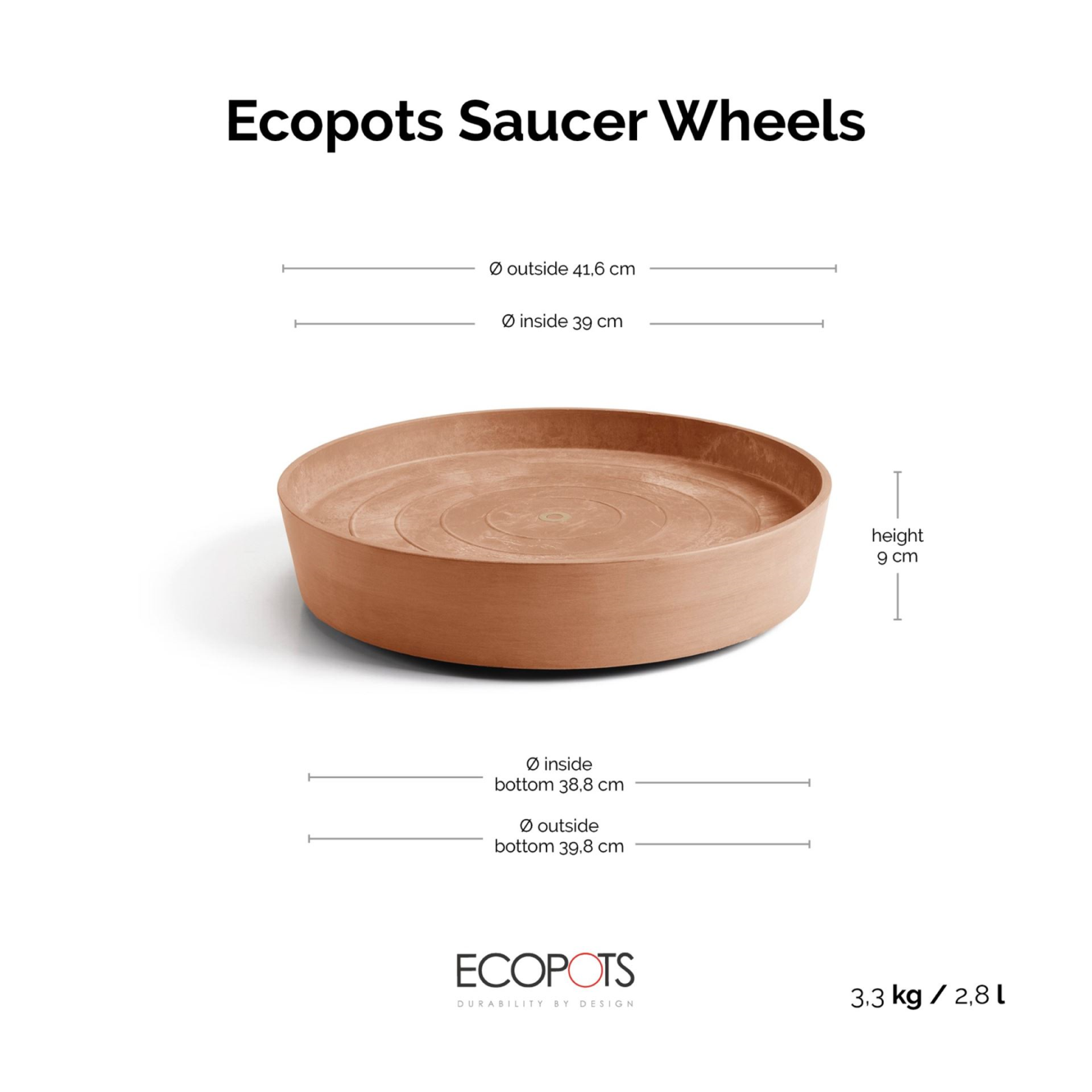 Ecopots onderschotel op wielen - Rond - Terra - Diameter 41,6 x H9 cm