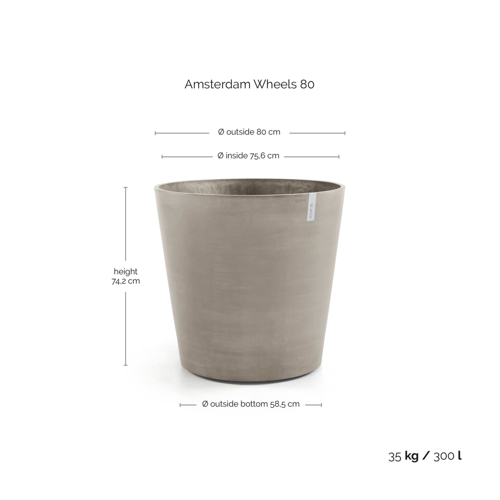 Ecopots flowerpot Amsterdam Wheels 80 - Round - Taupe - Diameter 80 x H74,2 cm